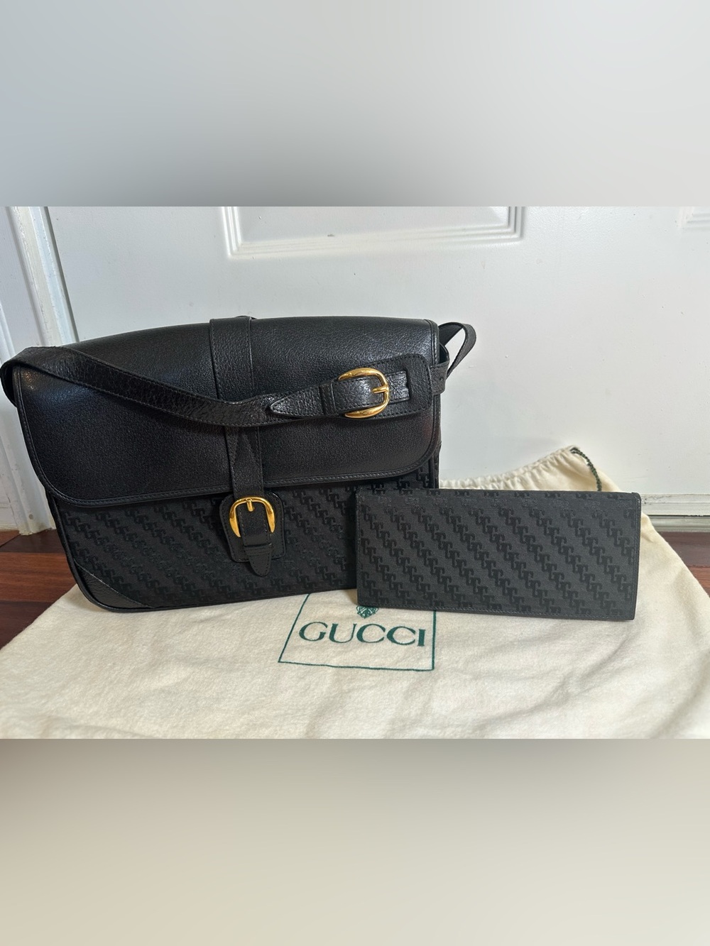 Vintage Gucci Black GG Canvas Leather Gold Buckle Shoulder Bag + Matching Wallet